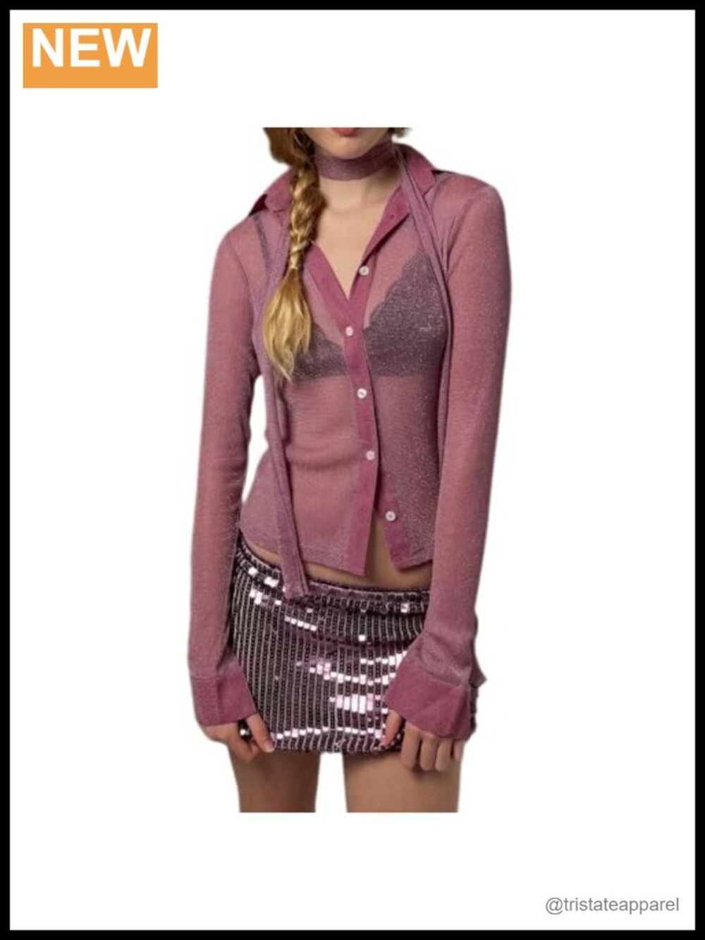 Sheer Mesh Long Sleeve Button Up Shirt with Scarf, Sparkly Glitter Top, Club